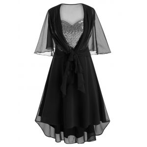

Plus Size Asymmetric Sequin Party Dress With Mesh Capelet, Black