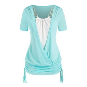 

Plus Size Chains Surplice Cinched Ruched Tie Bicolor Tee, Light aquamarine