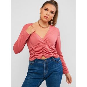 

Plus Size Plunging Ribbed Ruched Crop T Shirt, Light pink