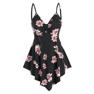 Floral Print Asymmetric Tank Top, Black