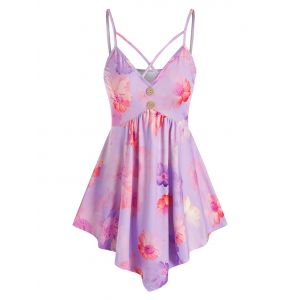 

Crisscross Floral Print Asymmetric Tank Top, Light purple