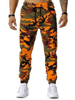 Pantalon Cargo de Jongging à Imprimé Camouflage à Cordon - ORANGE - XXL