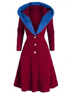 Hooded Faux Fur Insert Lace Up Cable Knit Coat - RED WINE - XL