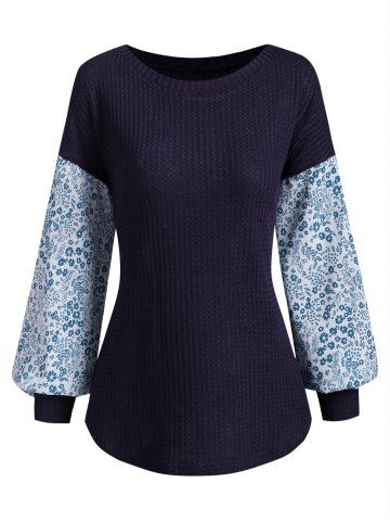 Floral Sleeve Mixed Media Knitwear - BLUE - S
