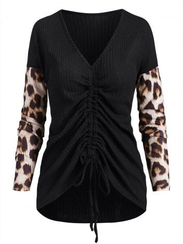 Leopard Sleeve Cinched Drop Shoulder Knitwear - BLACK - M