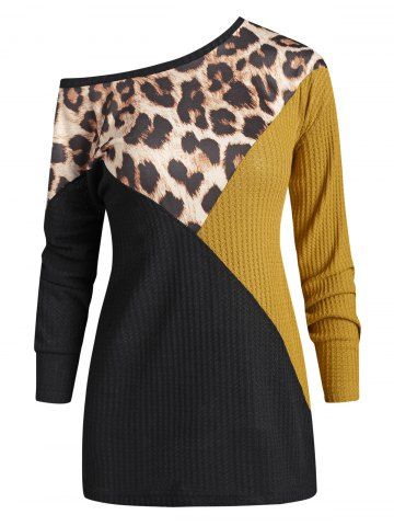 Leopard Contrast Drop Shoulder Knitwear - BLACK - S