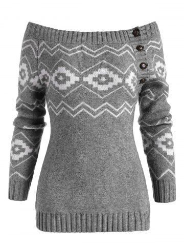 Button Side Off Shoulder Zig Zag Geometric Sweater - GRAY - S