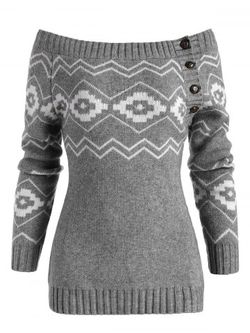 Button Side Off Shoulder Zig Zag Geometric Sweater - GRAY - M