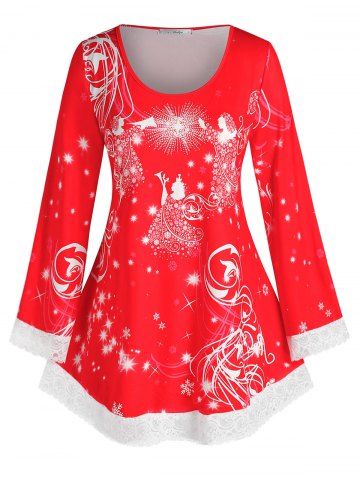T-shirt Tunique à Imprimé Flocon de Neige de Noël Grande Taille à Ourlet en Dentelle - RED - L