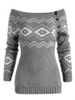 Button Side Off Shoulder Zig Zag Geometric Sweater -  