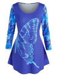 T-shirt Tunique Imprimé Papillon de Grande Taille à Ourlet Rond - Bleu 3X