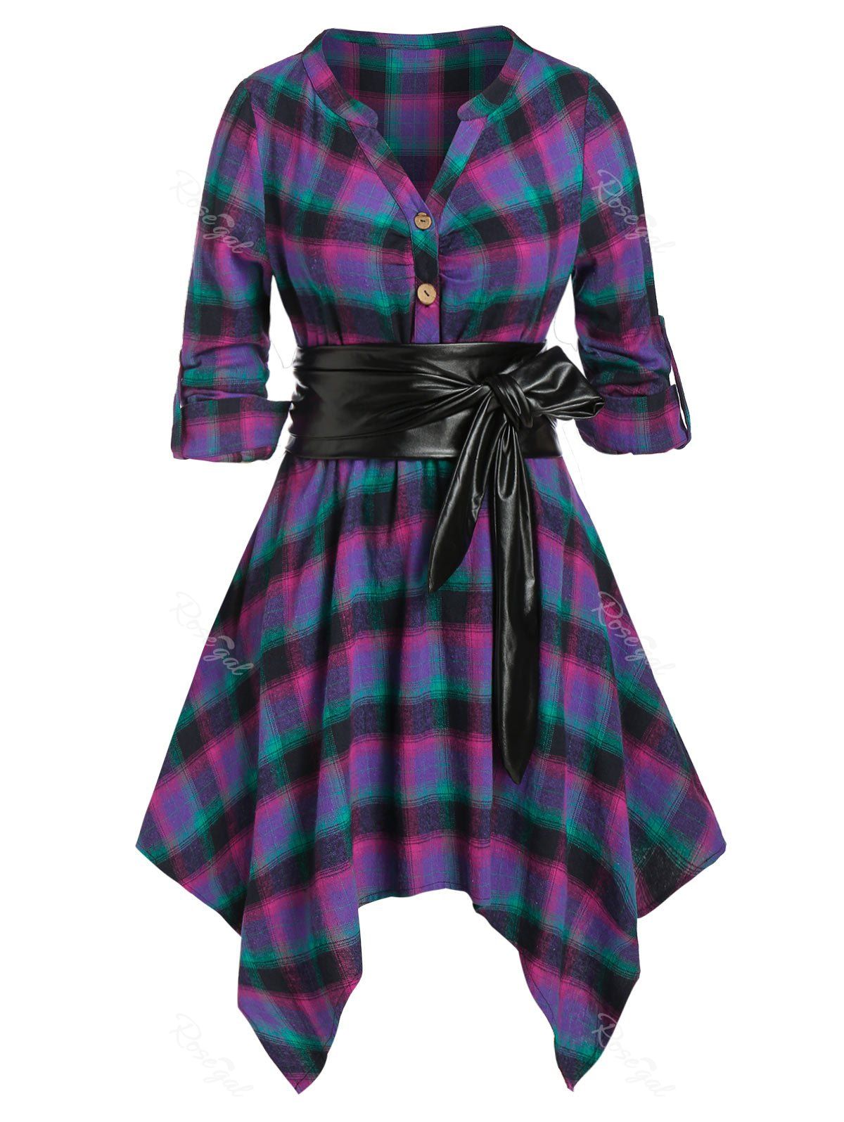 

Plus Size Plaid Hanky Hem V Notch Roll Tab Sleeve Dress, Purple