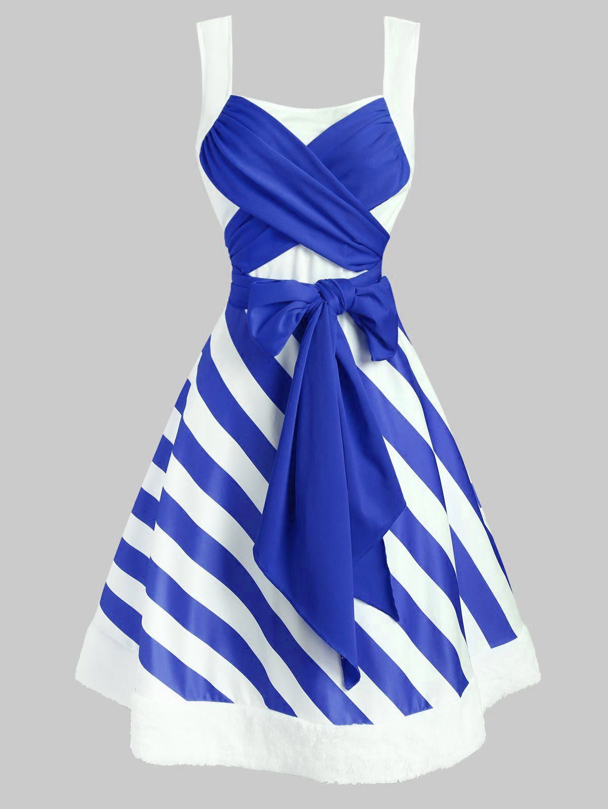 

Christmas Striped Faux Fur Panel Bowknot Dress, Blue
