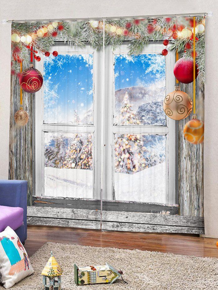 

2 Panels Window Snow Christmas Print Window Curtains, Gray cloud