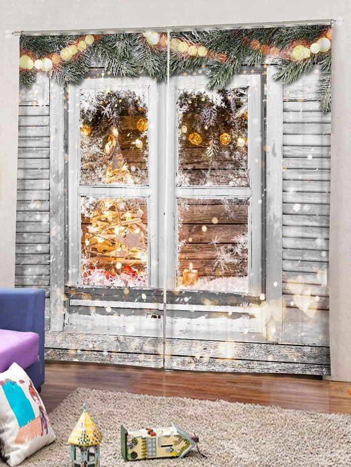 Fancy 2 Panels Christmas Wood Window Print Window Curtains  