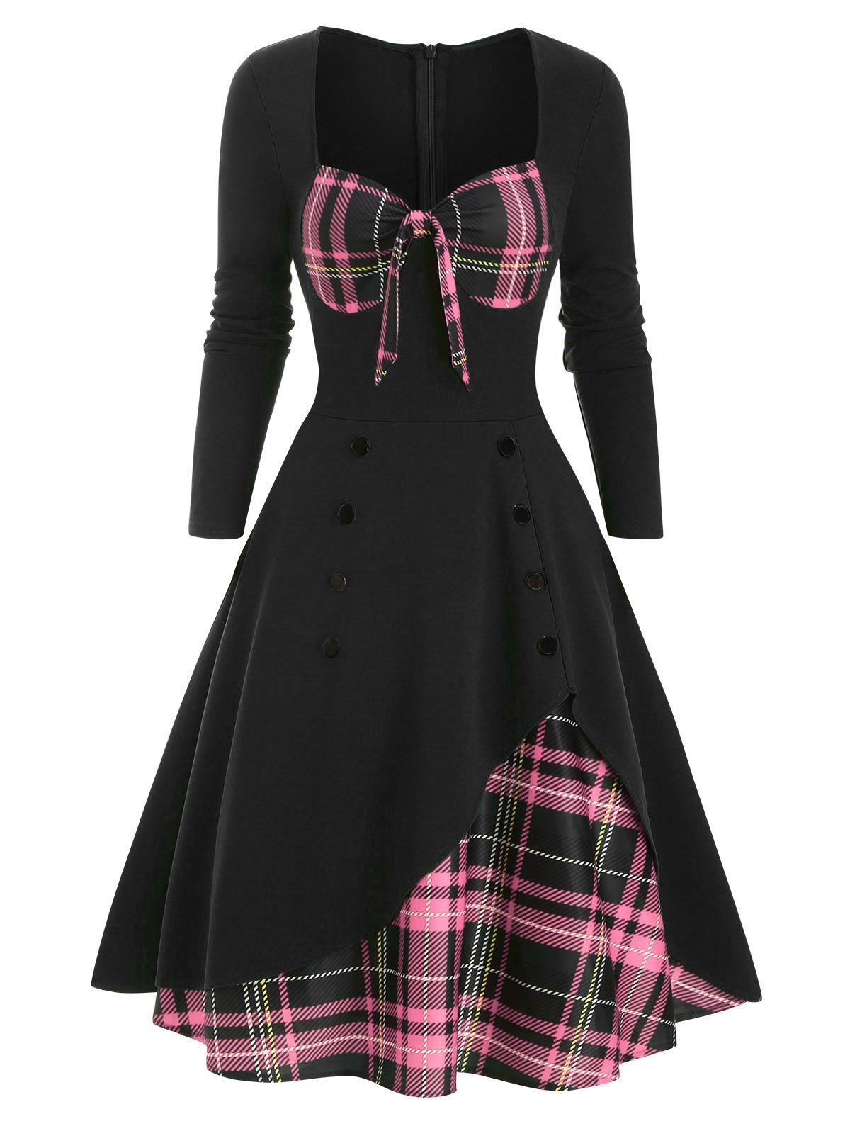 

Plaid Button Embellished Bowknot Sweetheart Dress, Hot pink