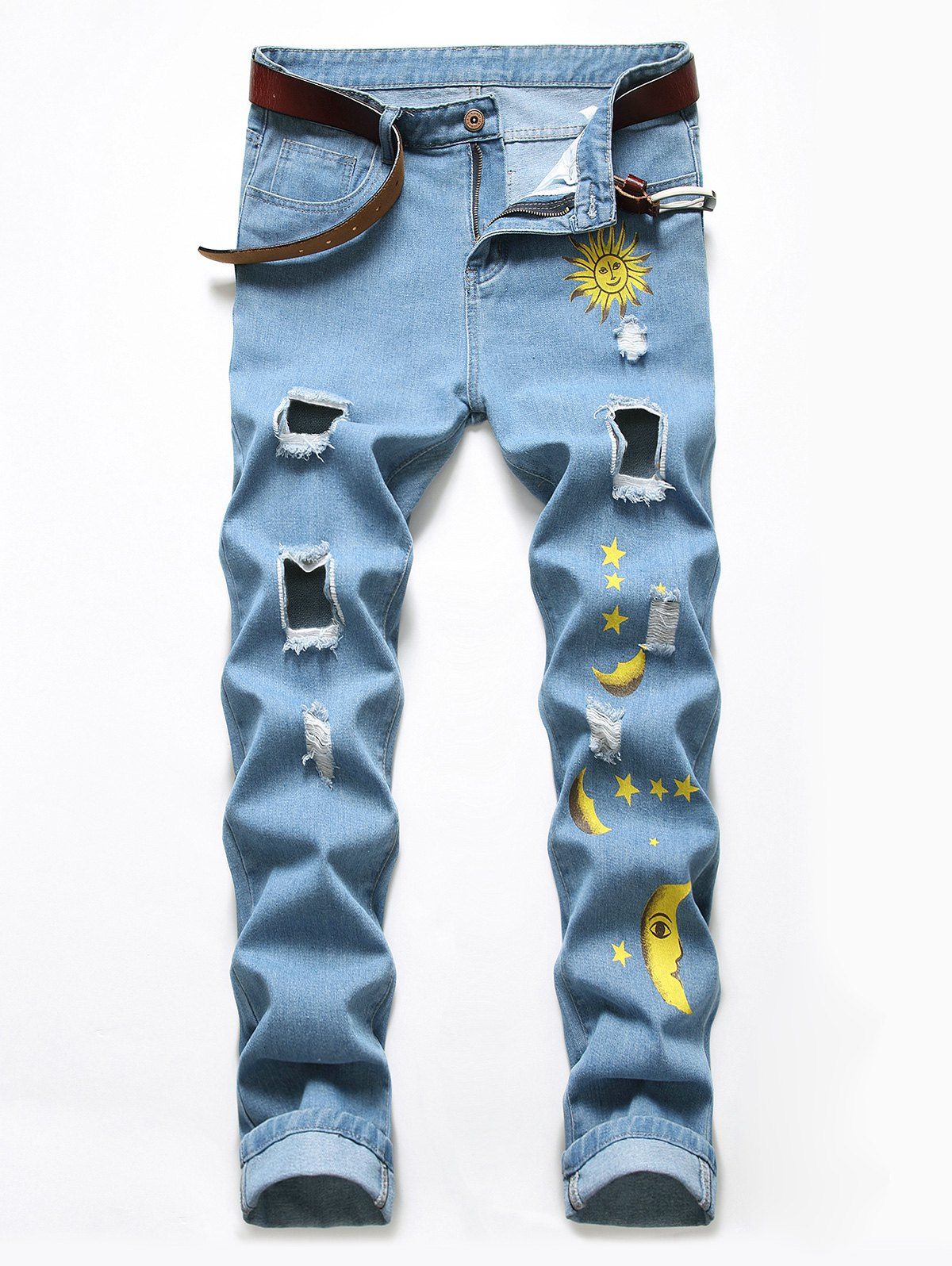 

Cartoon Sun Moon And Star Print Destroy Wash Jeans, Blue koi