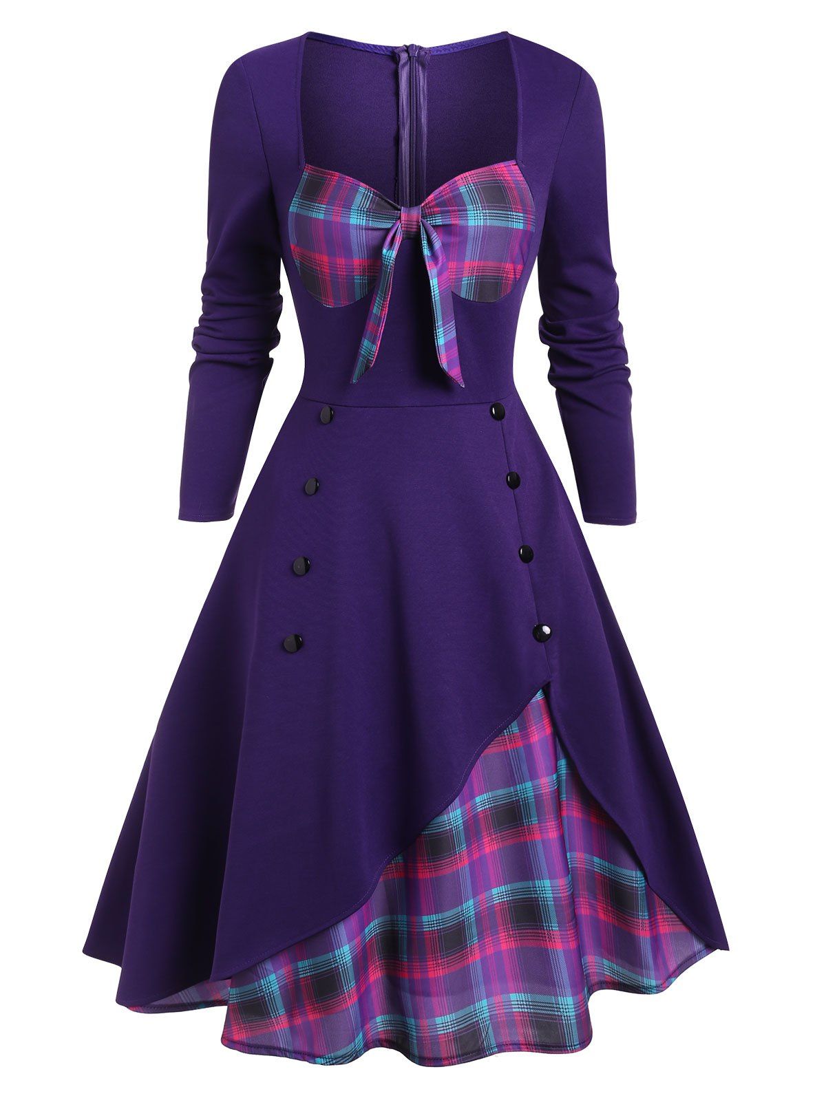 

Plaid Button Embellished Bowknot Sweetheart Dress, Dull purple