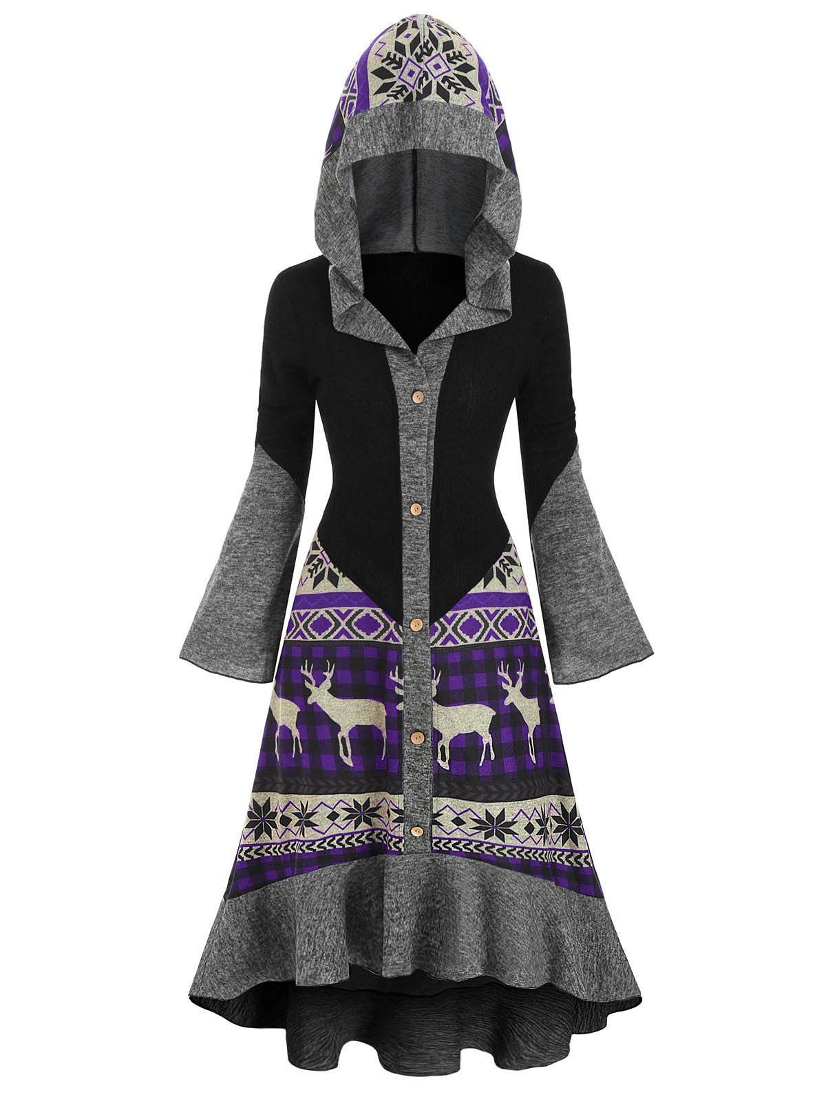 

Christmas Elk Hooded Flippy Hem Knitted Dress, Multi-d