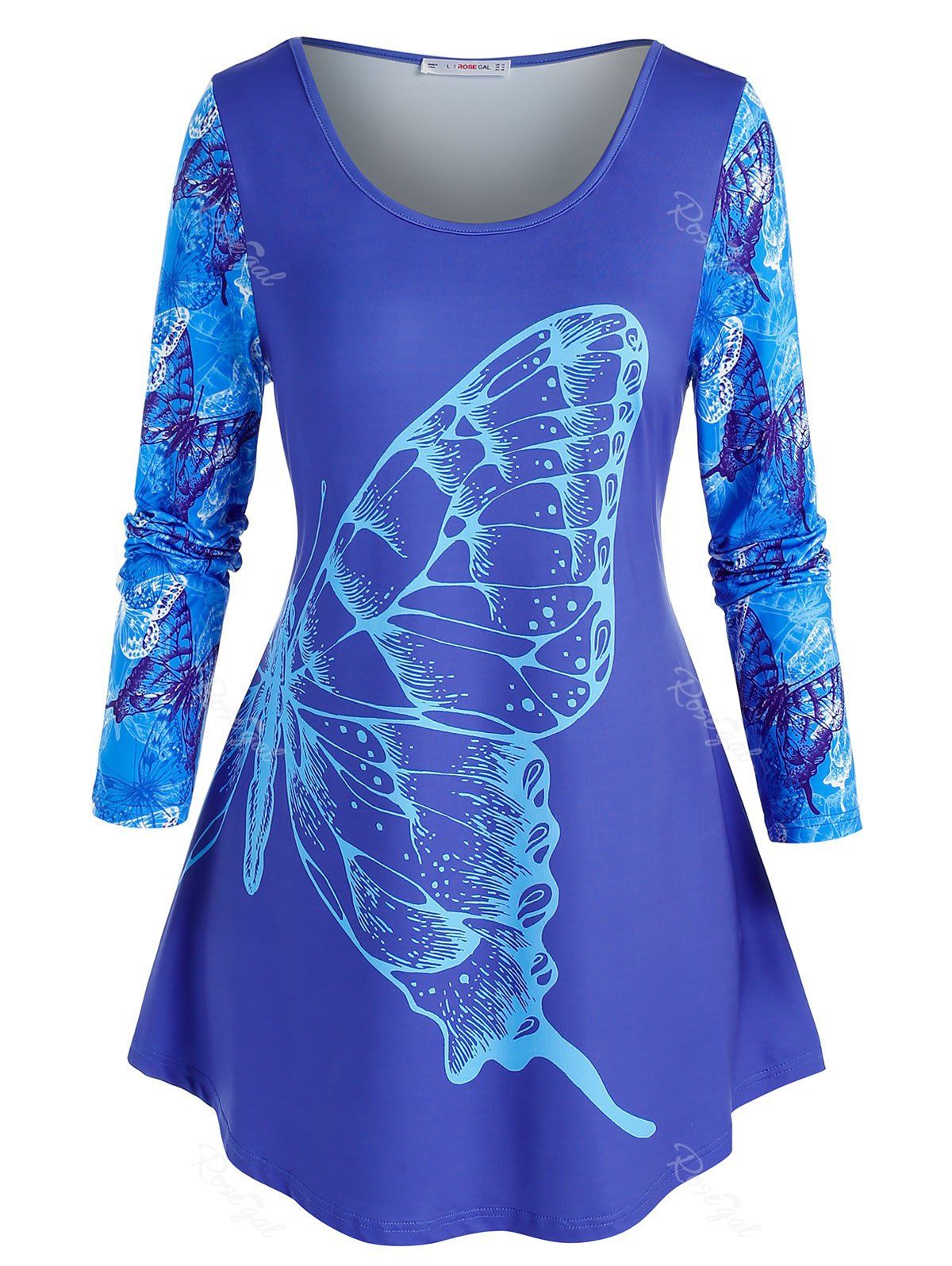 T-shirt Tunique Imprimé Papillon de Grande Taille à Ourlet Rond Bleu 5X
