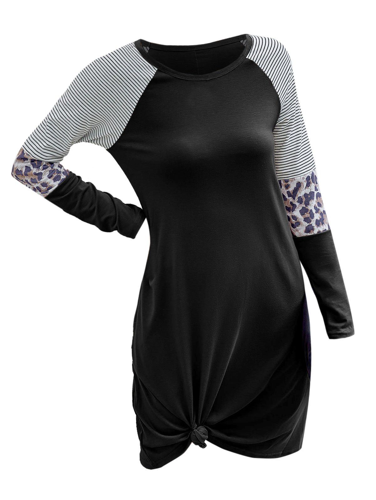 

Stripes Leopard Panel Casual Tee Dress, Black