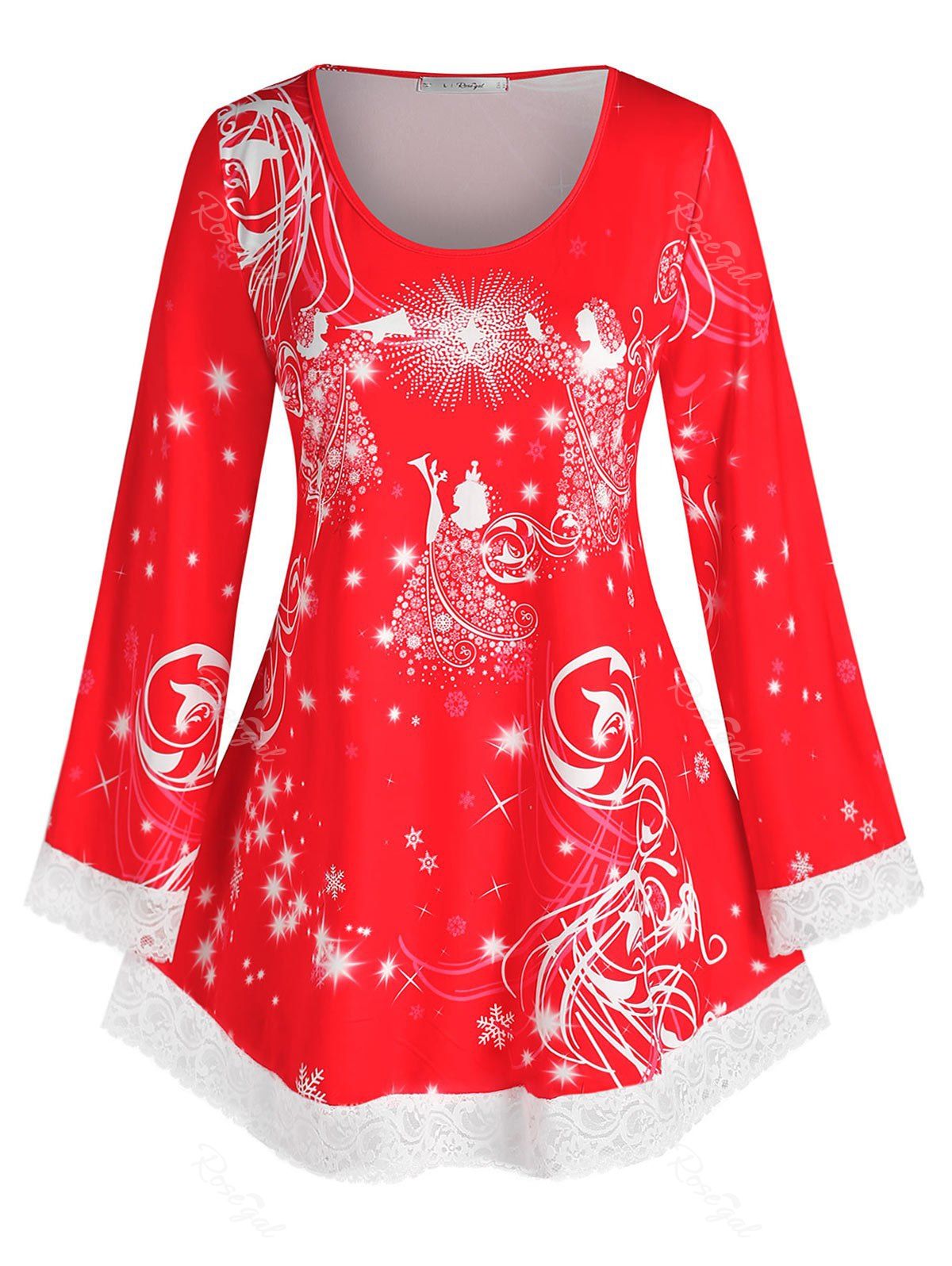 T-shirt Tunique à Imprimé Flocon de Neige de Noël Grande Taille à Ourlet en Dentelle Rouge 3X