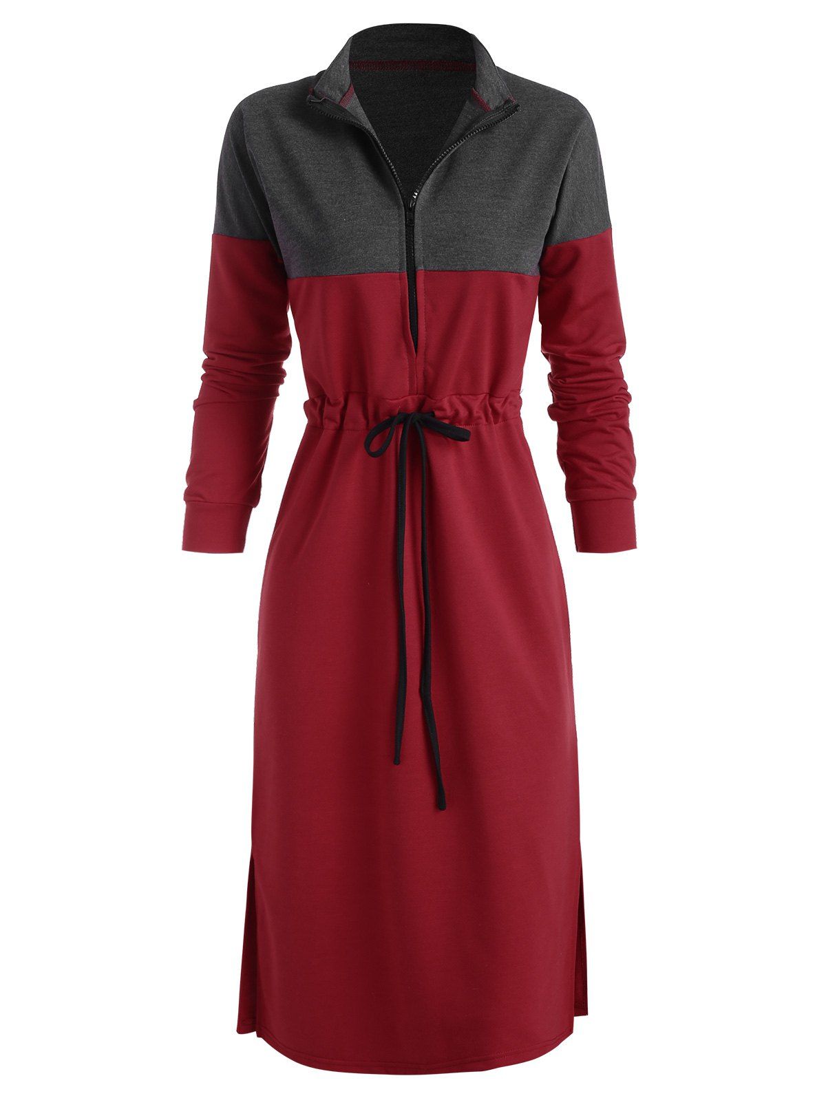 

Bicolor Two Tone Drawstring Zip Slit Dress, Red
