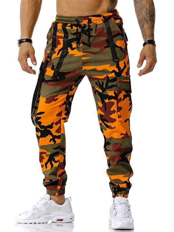 

Drawstring Camouflage Print Strap Cargo Pants, Orange