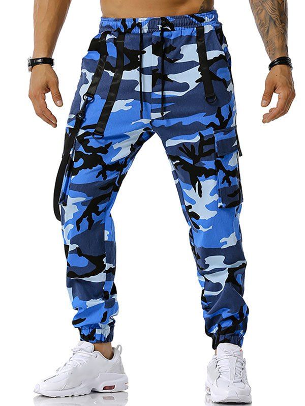

Drawstring Camouflage Print Strap Cargo Pants, Blue