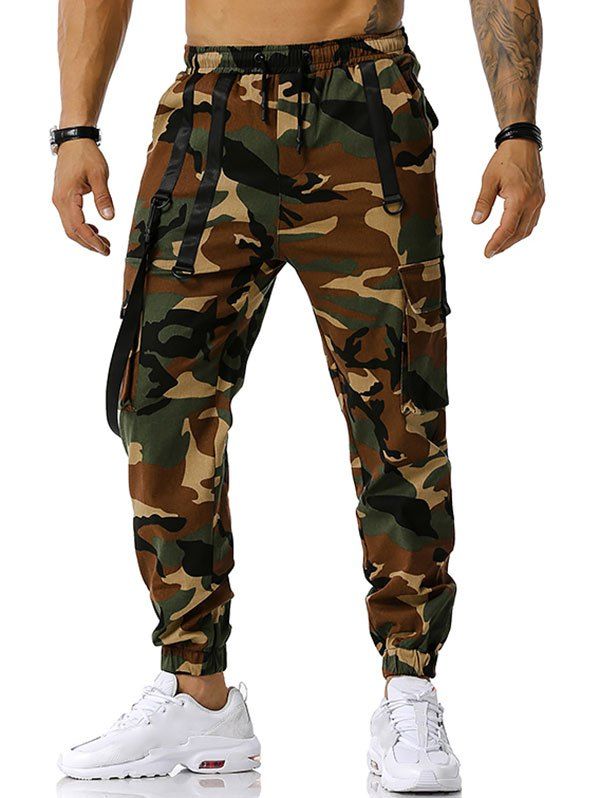 Drawstring Camouflage Print Strap Cargo Pants, Army green