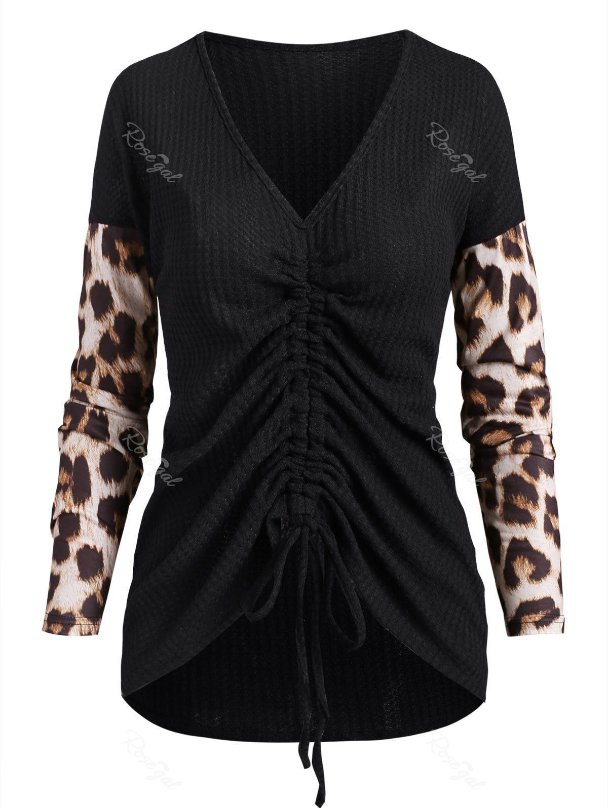

Leopard Sleeve Cinched Drop Shoulder Knitwear, Black