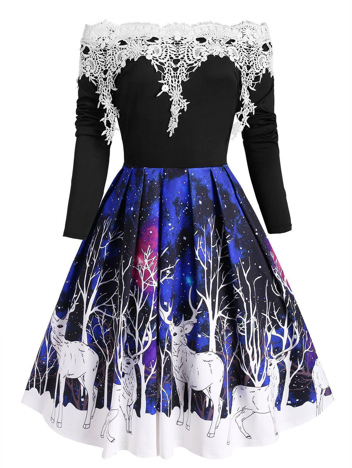 

Christmas Applique Panel Elk Branch Print Long Sleeve Dress, Denim dark blue