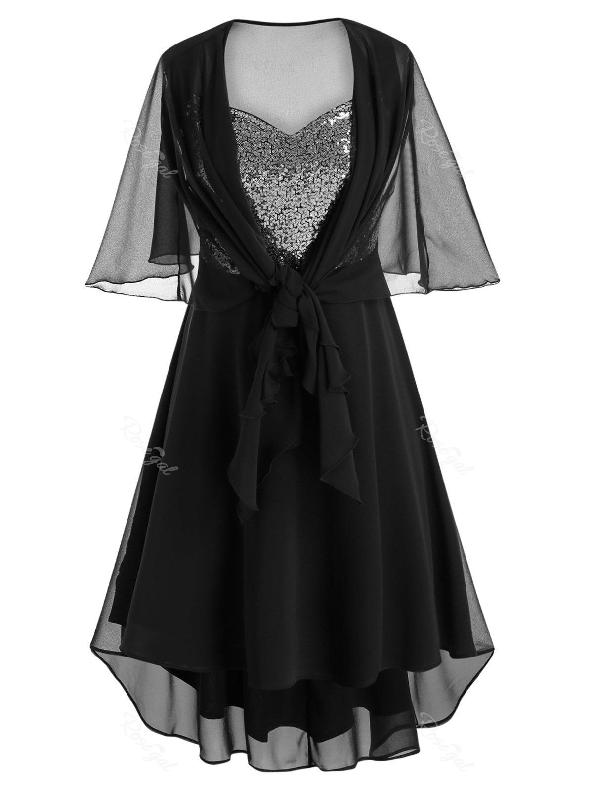 Buy Plus Size Asymmetric Sequin Party Dress With Mesh Capelet  