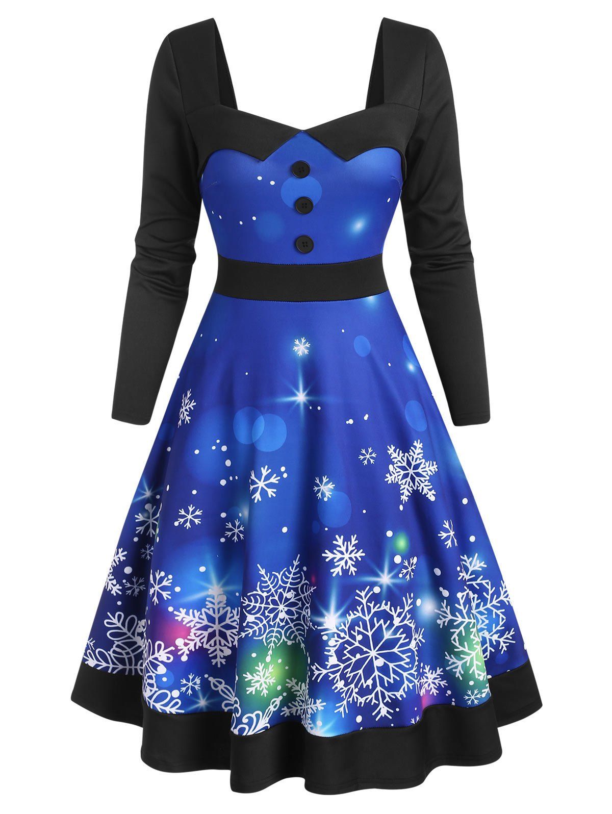 

Sweetheart Neck Christmas Snowflake Print Long Sleeve Dress, Blue