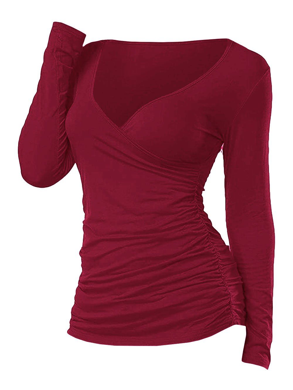 

Ruched Plunging Long Sleeve T Shirt, Red