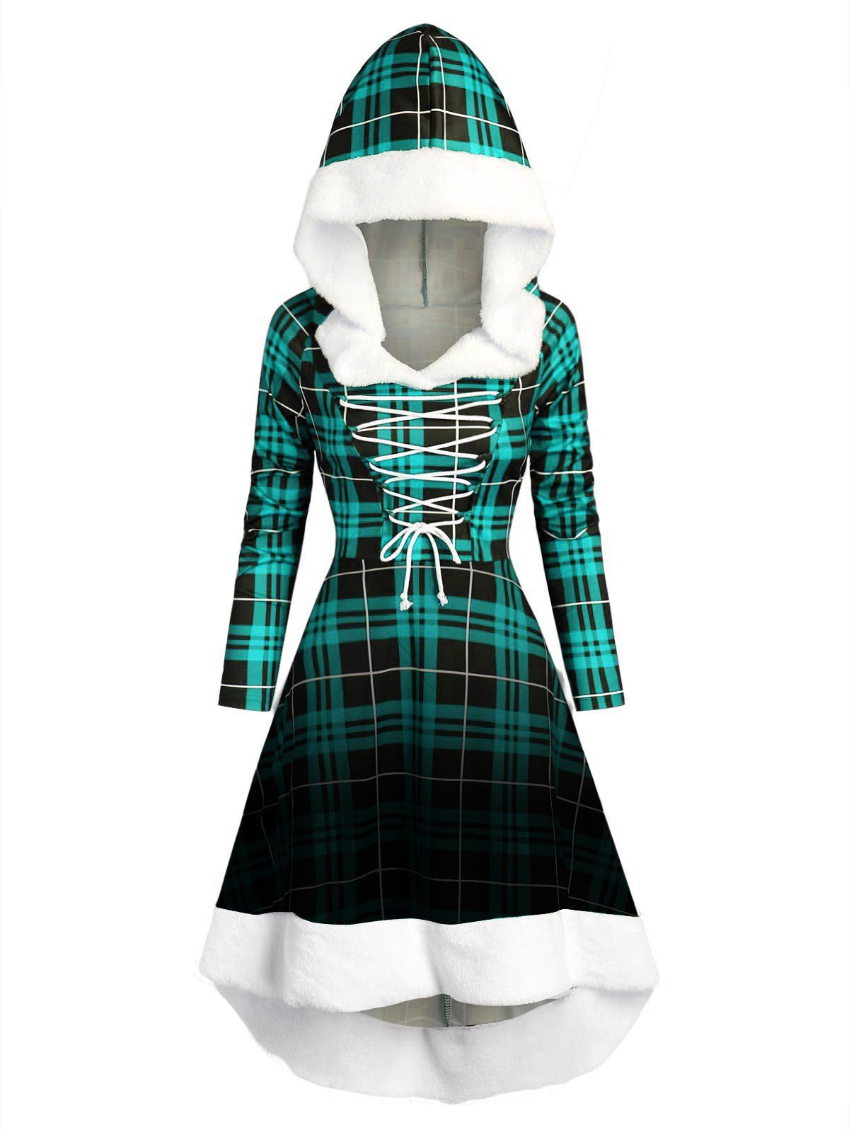 

Hooded Lace Up Dip Hem Plaid Faux Fur Panel Dress, Macaw blue green