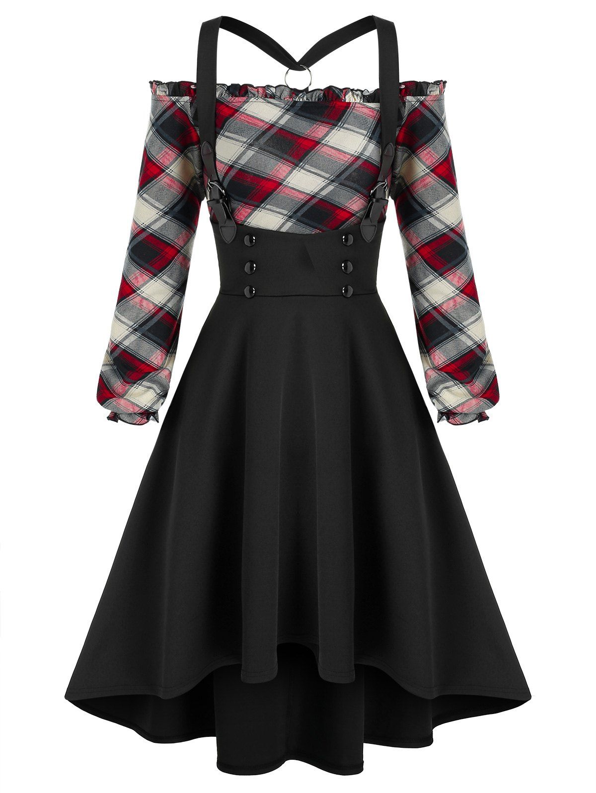 

Off The Shoulder Plaid Top and High Low Buckles Suspender Skirt Set, Black
