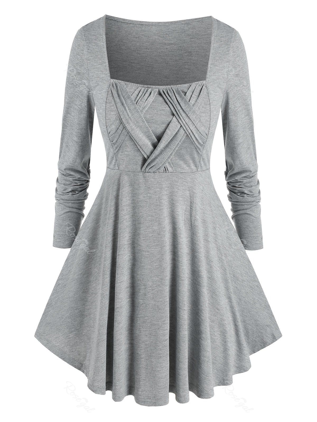 

Plus Size Crossover Square Neck T Shirt, Light gray