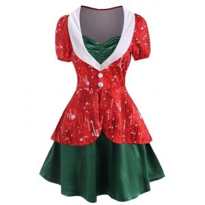 

Christmas 3D Rhinestone Print Ruched Button Embellished Twofer Dress, Red