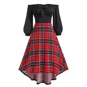 

Frilled Off The Shoulder Plaid High Low Dress, Black