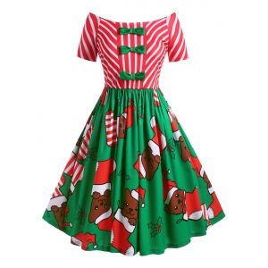

Plus Size Bowknot Off The Shoulder Christmas Print Dress, Red