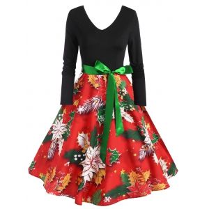 

Vintage Belted Floral Print Fit and Flare Dress, Red