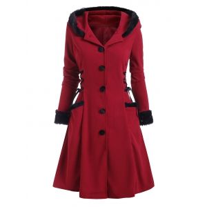 

Faux Fur Insert Hooded Lace Up Longline Coat, Deep red