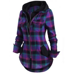 

Double Zipper Plaid Pocket Hooded Shirt Jacket, Purple