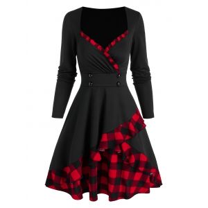 

Mock Button Plaid Print Overlap Dress, Black