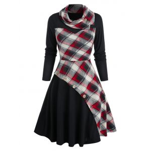 

Mock Button Plaid Print Twofer Dress, Black