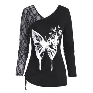

Lace Panel Butterfly Print Side Cinched Long Sleeve Top, Black