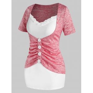 

Plus Size Ruched Mock Button Twofer T Shirt, Blush red