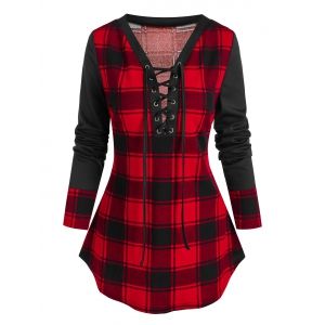 

Long Sleeve Plaid Print Lace-up T-shirt, Multi a