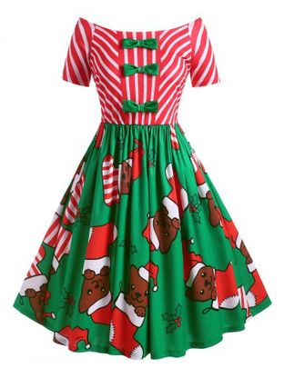 Plus Size Bowknot Off The Shoulder Christmas Print Dress
